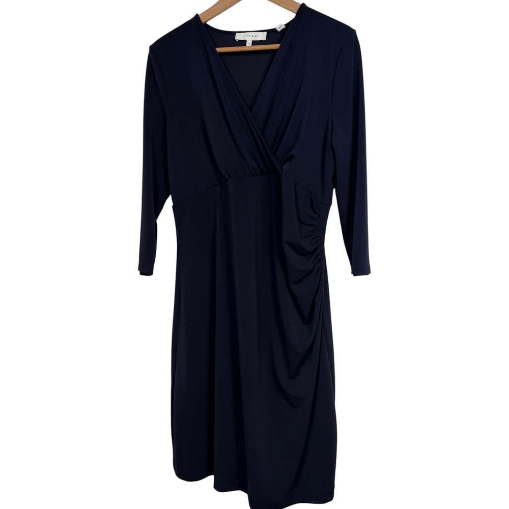 Lark & Ro Navy Blue Faux Wrap Dress 3/4 Sleeve Ruched Sheath Size 14